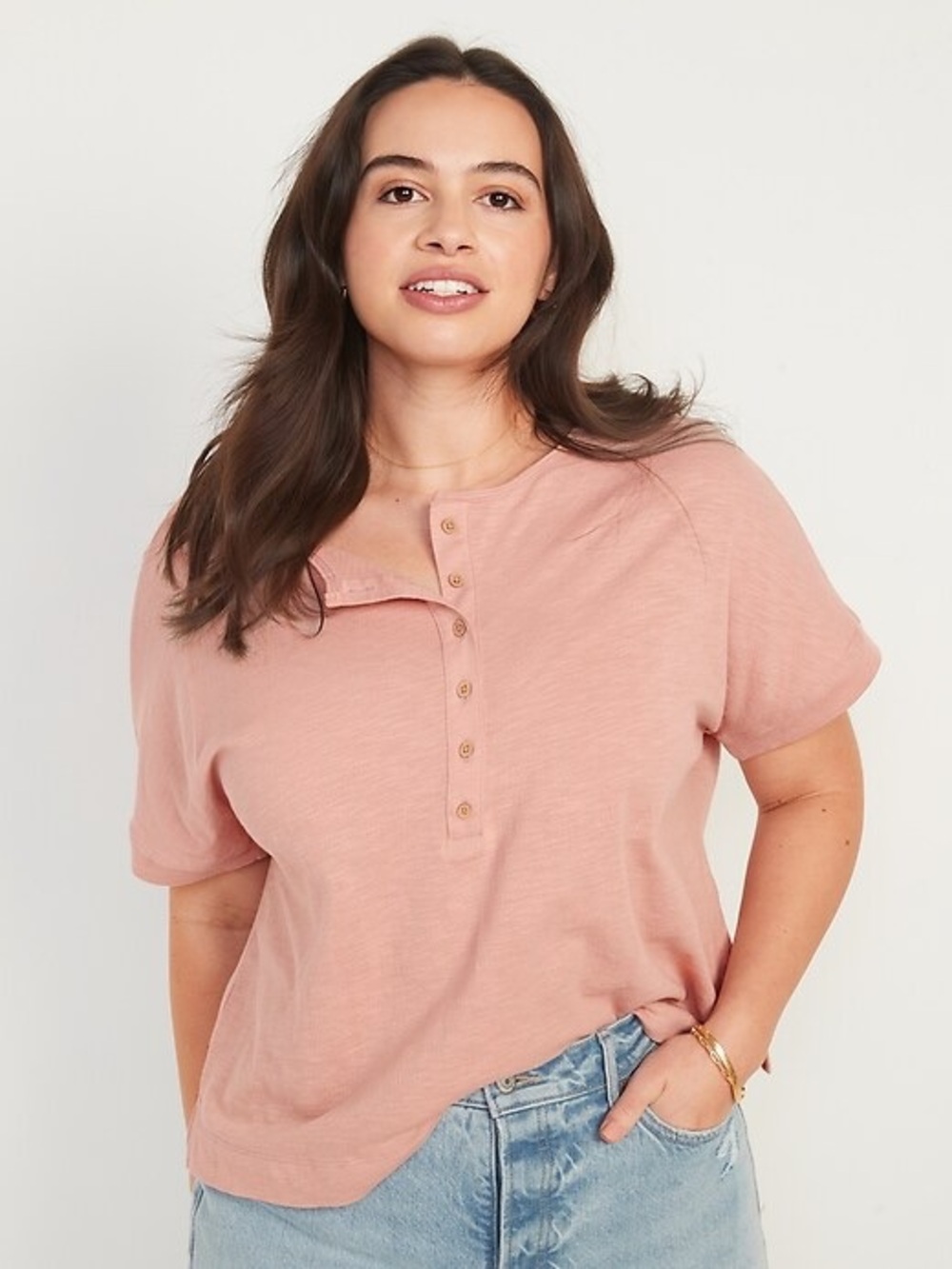 Old Navy Crinkle Knit Dusty Pink Short Sleeve Henley Tee